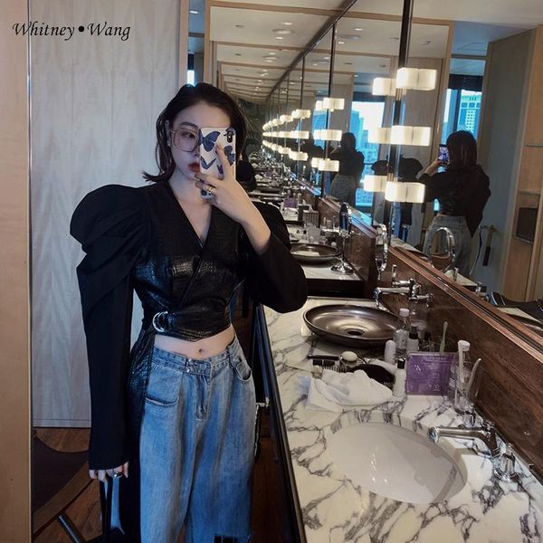 

whitney wang blouses 2020 autumn fashion streetwear puff sleeve pu patchwork sashes blouse women blusas lady shirt, White