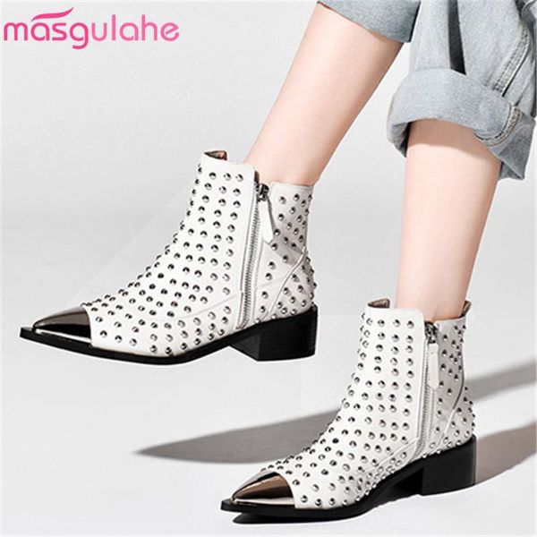 

masgulahe 2020 big size 33-43 autumn ankle boots med heels pointed toe fashion ladies shoes genuine leather rivets women boots, Black
