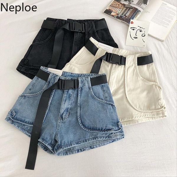 

neploe high waist denim shorts women spring 2020 korean ins zipper sashes ladies bottoms loose casual wide leg shorts a1000111, White;black