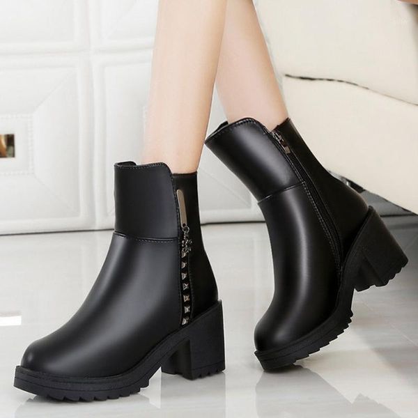 

boots women waterproof booties zipper flower pu leather solid height square heel round toe platform shoes party botas mujer1, Black