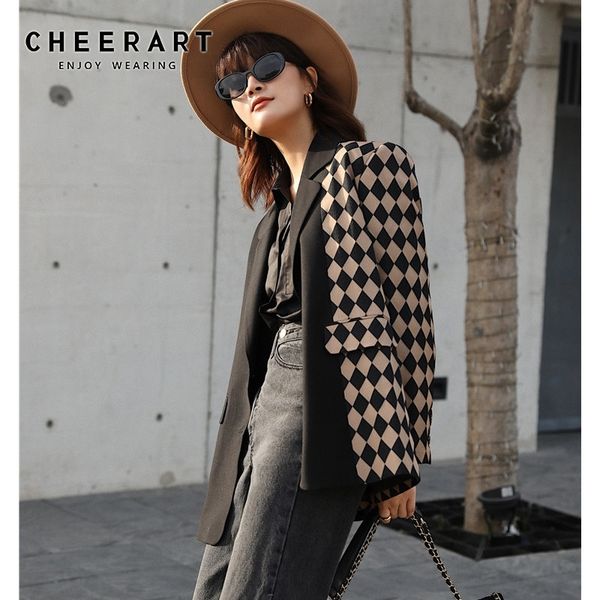 

cheerart plaid women blazers and jackets patchwork ladies coats designer high fashion blazer long sleeve suit jacket clothes y201026, White;black