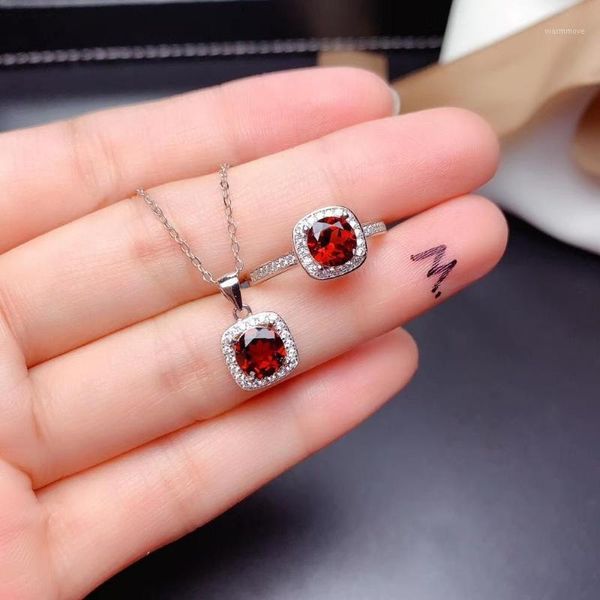 

fashion lovely square pillow natural red garnet pendant ring natural gemstone jewelry set s925 silver women girl gift jewelry1, Black