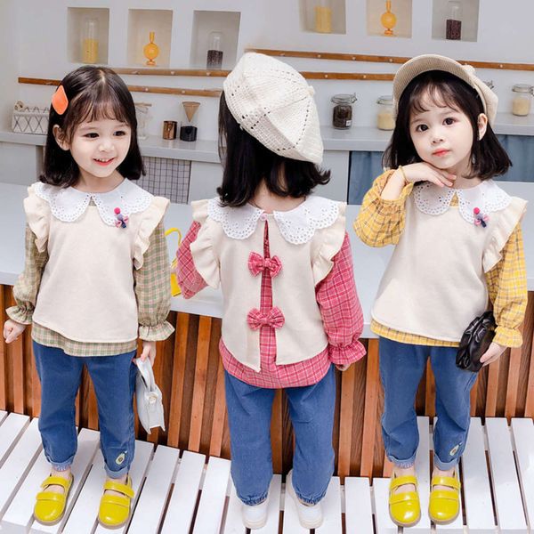 

and girls' knitted sweet autumn wear sweater spring children's lapel plaid shirt long sve vt three piece set, White;black