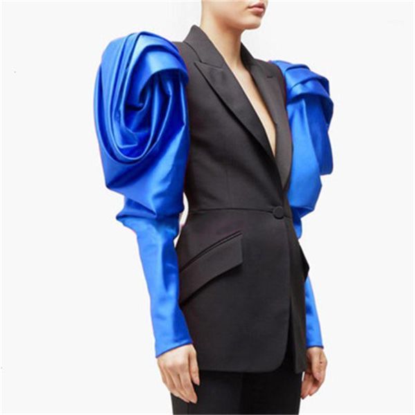 

runway design spring new european american style suit collar hit color three-dimensional bubble slim casual suit women blazer1, White;black