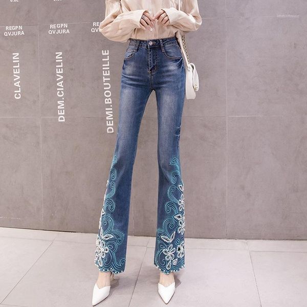 

heavy industry embroidery flower micro bell-bottom jeans pearl butterfly hollow denim pants fashion cowboy trousers1, Blue