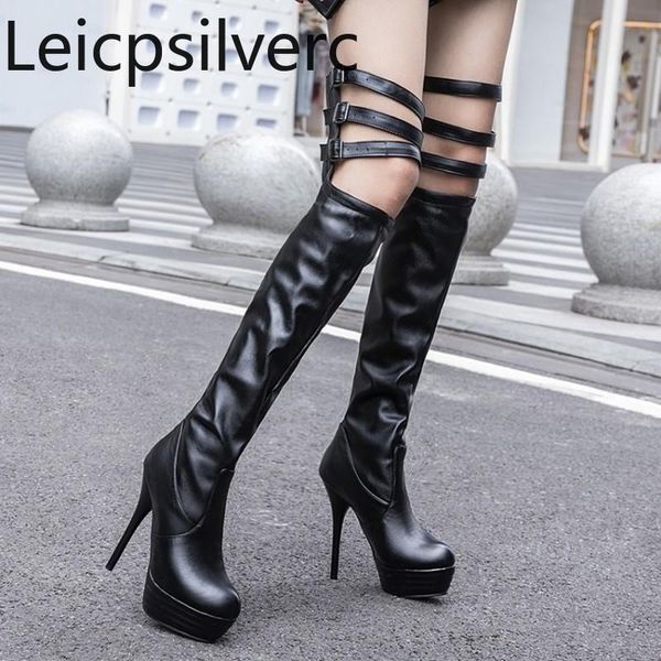 

women's boots autumn and winter the new fashion round head belt buckle high heel women's over the knee boots plus size 32-46, Black