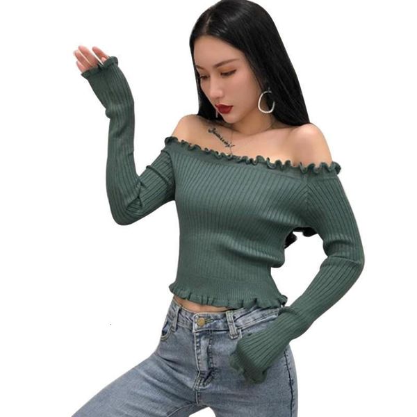 

korea new sweaters women version knit of slash neck off the shoulder solid tight fitting belly button fashion veste femme, White;black