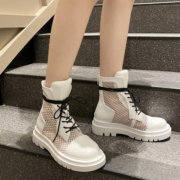 

women lace up platform summer ankle boots hollow out breathable mesh boots woman thick sole casual shoes booties nice, Black
