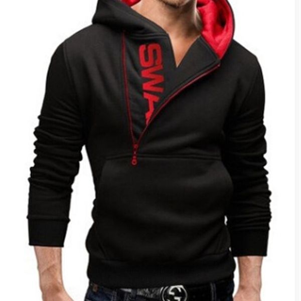

mens zipper contrast color hooded sweatshirts casual sweaters fashion slim pullover hoodies t-shirt letter print, Black
