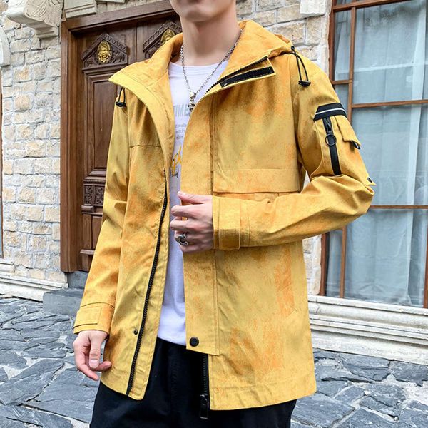 

windbreaker men's autumn and winter new trend hooded youth handsome fashion leisure medium long jacket men, Black