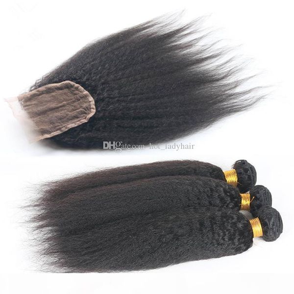 

brazilian hair weave kinky straight hair with closure middle three part 4x4 lace closure with bundles closures bundles 7a, Black