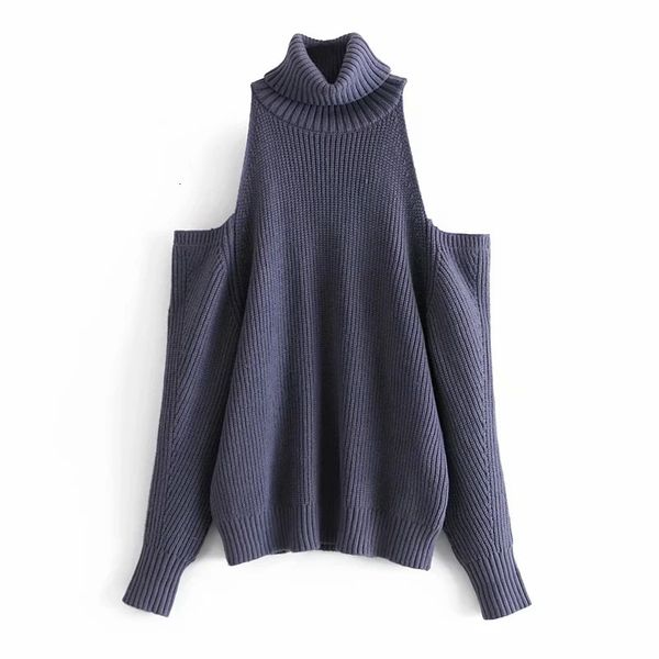 

2021 new blue turtleneck sweater women winter cut out long sleeve black off shoulder knitted sweaters casual pullovers rrbp, White;black