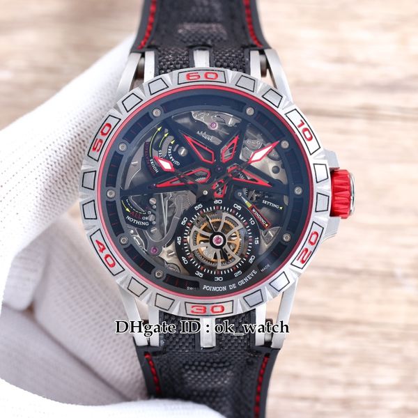 

new 46mm watch excalibur spider rddbex0774 hollow tourbillon automatic mens watch steel case gents sport watches black leather rubber strap, Slivery;brown