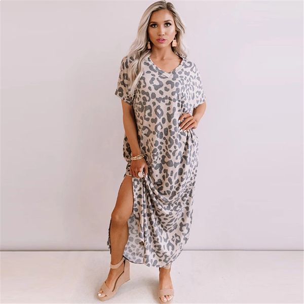 

2021 new new summer loose big printed short-sleeve ball cleavage v a step long female dress 1wpn, Black;gray