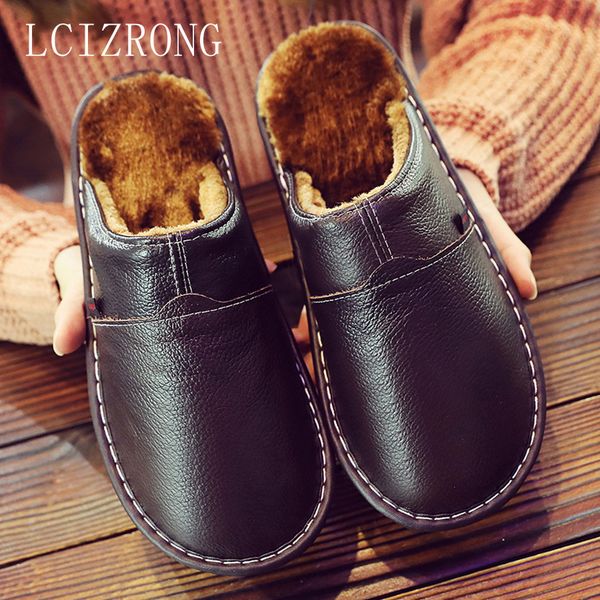 

lcizrong leather home slippers for men winter warm plush slippers bedroom genuine leather men/women house indoor shoes y200107, Black