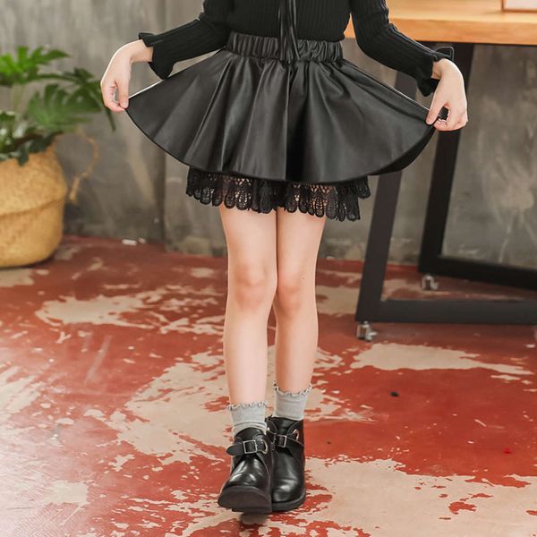 

versatile girl's autumn winter 2020 new fashion korean leather short children's lace double skirt, Blue