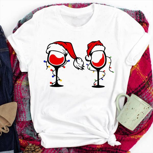 

christmas hat wine cup print t shirt women short sleeve o neck loose tshirt summer women tee shirt camisetas mujer, White