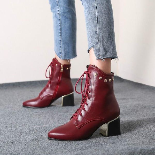 

красный желтый черный boots узелок с ботинками side zipper boots ривет женские осенние pu кожа высокий каблук коренастый короткие загрузки f, Black