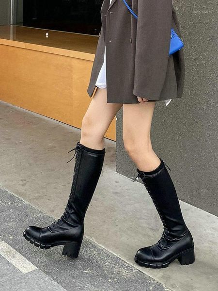 

boots eshtonshero shoes woman winter leather knee high round toe zipper heels lace up platform ladies riding size 3-81, Black