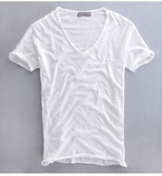 

2020 summer casual t shirt pure cotton slub breathable retro solid color v neck short sleeve drop shipping, White