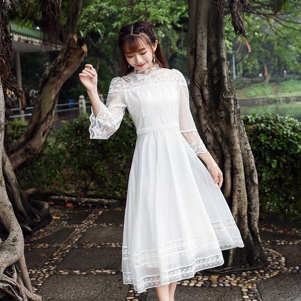 

casual dresses summer women's vintage sweet tens girls lace dress hollow out flare sleeve white fairy mid-length cute kawaii, Black;gray