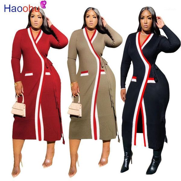 

haoohu autumn winter knitted women streetwear long sleeve high waist with sashes ribbed jacket coats1, Tan;black