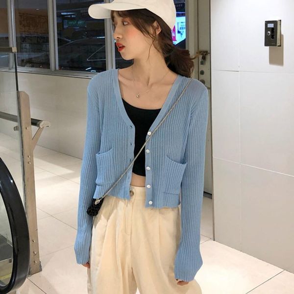 

fashion casual solid long sleeve v-neck thin blouse autumn ladies sun protection button up knitted cardigan 20201, Black;brown