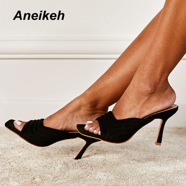 

aneikeh summer women shoes strange style slippers solid retro head peep toe fashion concise 2021 new zapatos de mujer size 35-42 c0129, Black