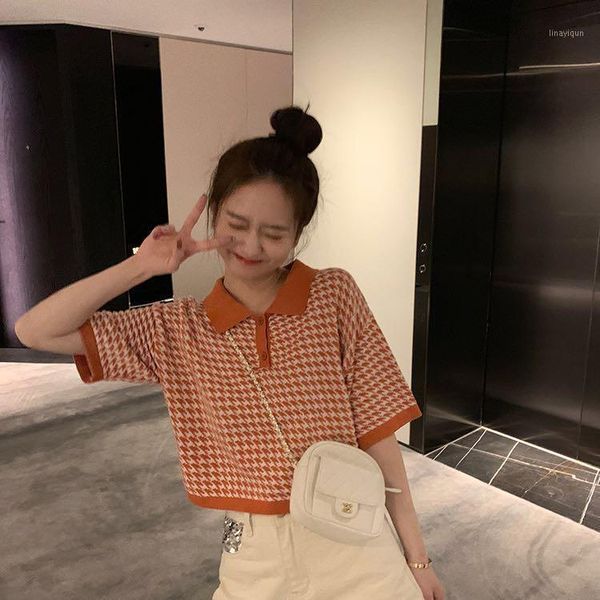 

korean summer women collar short sleeve t-shirts sweet houndstooth student thin knitted, White