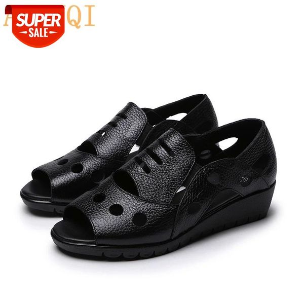 

aiyuqi women flat sandals 2020 new summer ladies leather sandals peep toe casual comfortable mom cow leather hole shoes #cv4d, Black