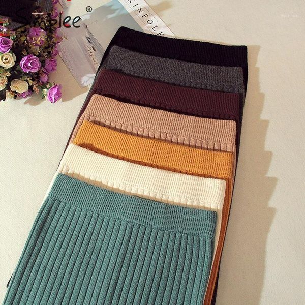 

simplee elastic band women skirts autumn winter warm knitted straight skirt ribbed solid short mini ladies party wear skirt 20191, Black