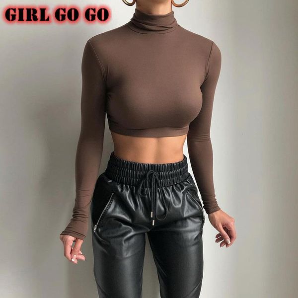 

turtleneck tshirt women long sleeve high neck elegant crop bodycon t shirts clothing casual fashion tee shirt streetwear, White