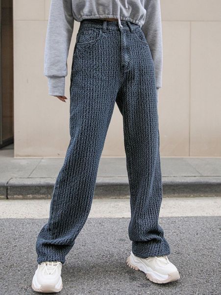 

dazy high waist textured slant pocket straight leg jeans k8se#, Blue