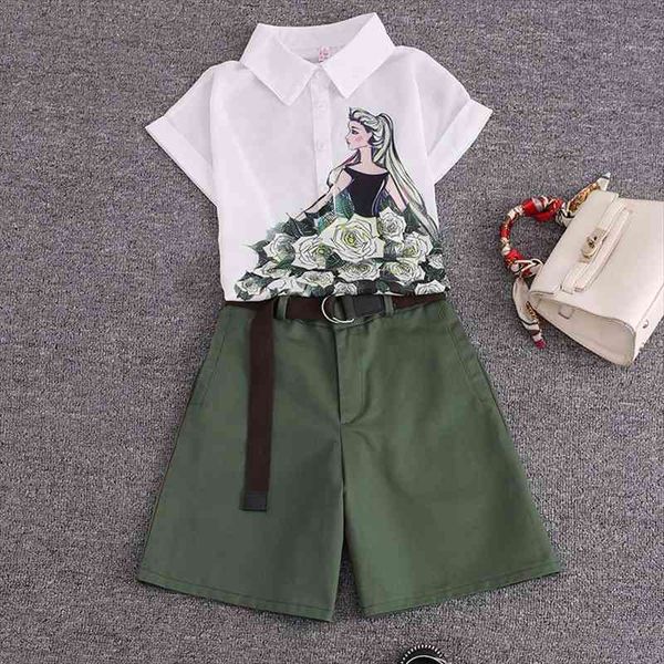 

summer 2 pieces suits girl print chiffon blouse shirt women shorts set women two set tracksuit with belt, Gray