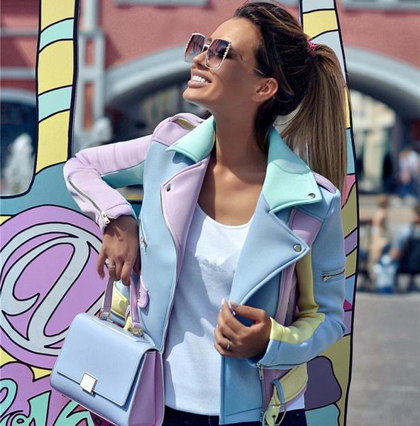 

taovk suede fairy basic jackets colorblock cut lapel coats zippers design belted cool motorcycle jacket blue purple yellowx1016, Black;brown