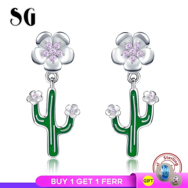 

stud sg 2021 summer 925 sterling silver earrings with fashion green cactus earring jewelry for women gifts, Golden;silver