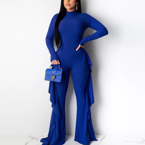 

casual women ribbed jumpsuit long sleeve turtleneck hollow out back high elasticity rib bodysuit ruffles outdoor wear1, Black;white