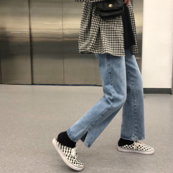 

2021 new vintage autumn joker high irregularly polished white denim pants y5kz, Blue