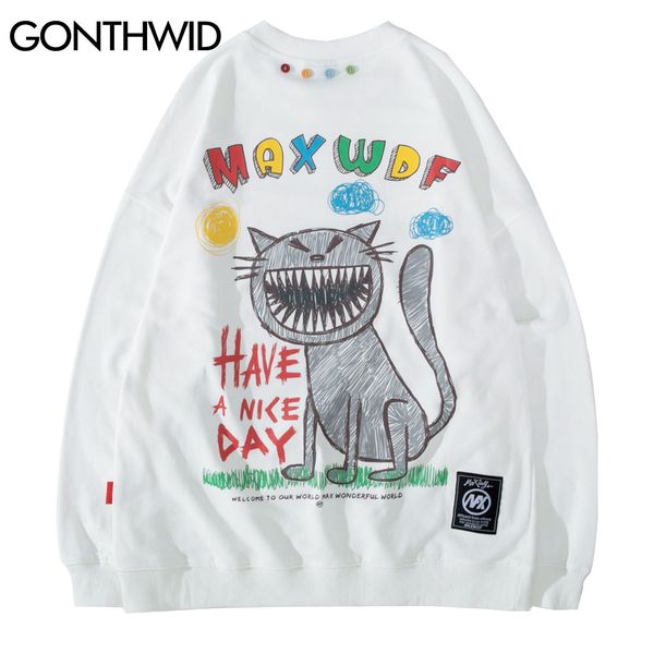 

funny graffiti cat print hoodies sweatshirts streetwear men hip hop harajuku casual pullover sweat shirts fashion, Black