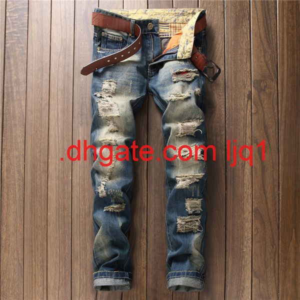 

new men's jeans with holes and slim straight pants for beggars, Blue