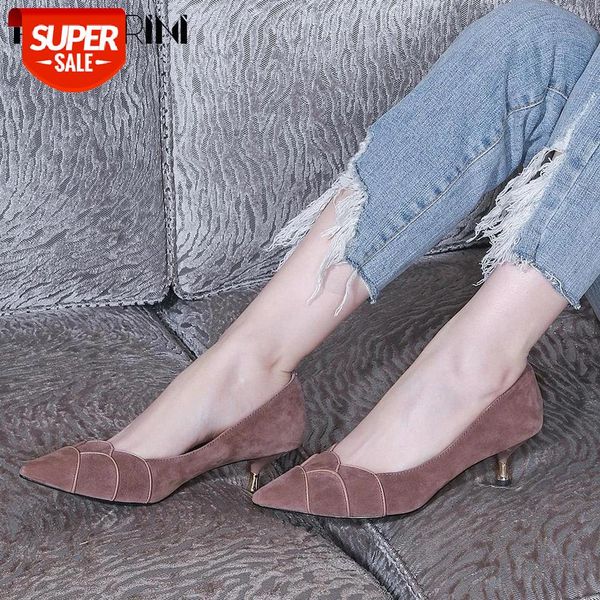 

ribetrini ladies fretwork genuine leather suede shoes woman spring new pointed toe shallow pumps women med heels pumps #hw1d