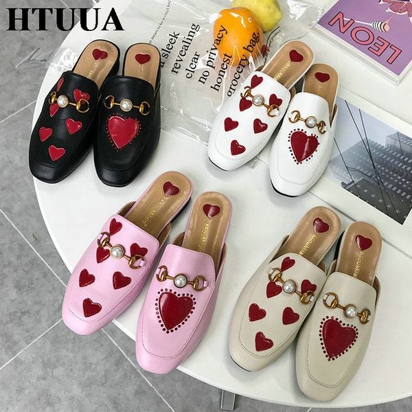 

htuua brand buckle mules shoes women autumn slip on flat slippers black beige white outside slides female flats sx3298 x1020