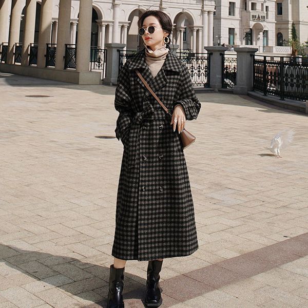 

new winter british style retro long thick plaid wool woolen coat women's, Black