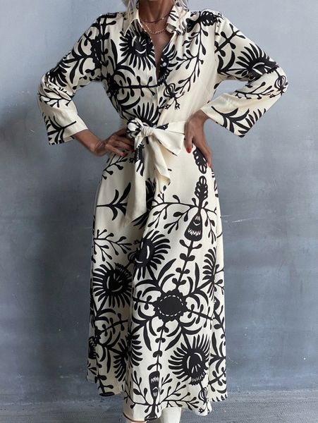 

floral print self belted shirt dress 11c3#, Black;gray