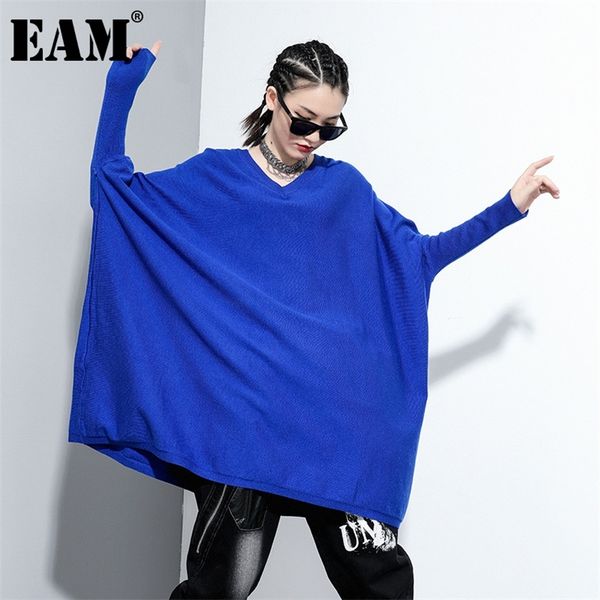 

[eam] blue brief big size knitting sweater loose fit v-neck long sleeve women pullovers new fashion autumn winter 2021 1z842 201221, White;black