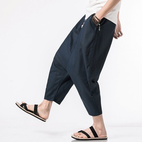 

2021 new summer cropped chinese linen long trousers for men harem bermuda casual short pants j9fd, Black