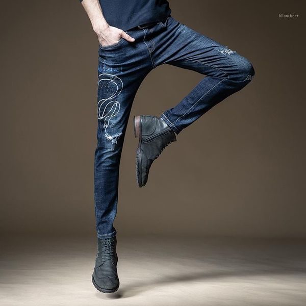 

new fashion male men's slim spring autumn style korean jeans personality ripped printing trousers pants1, Blue