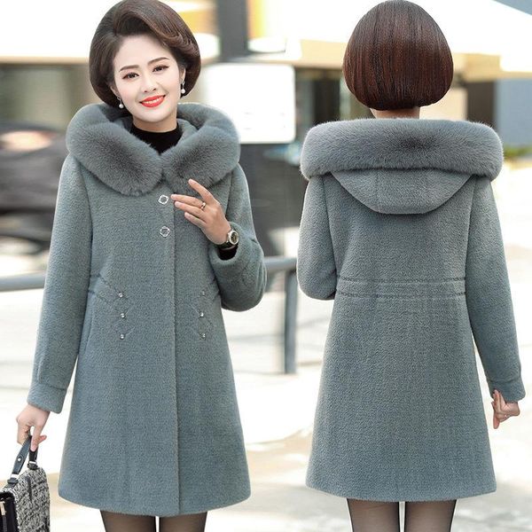 

women 2021 autumn winter faux wool coat hooded plus size thicken warm coats ladies long sleeve casual slim jacket s702, Black
