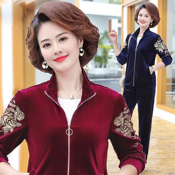 

5xl large size sportswear suit spring autumn women's suits gold velvet print & pants 2 pcs sets casual sportsuit tracksuits, Gray