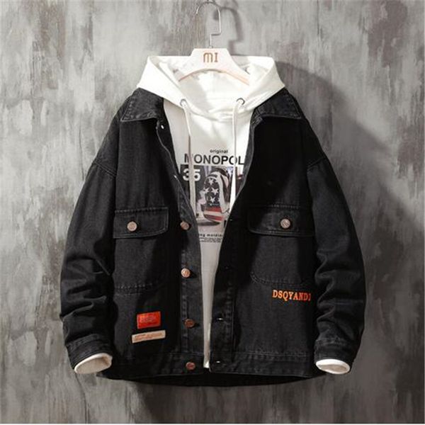 

2020 nouveau automne streetwear hommes veste en jean ample mode dÃ©contractÃ© impression coton denim manteau mÃ¢le marque vÃªtements beige noir, Black